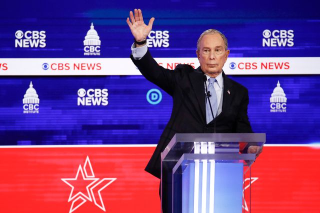 Democratic presidential candidate former New York City Mayor Mike Bloomberg raises his hand during the Democratic presidential primary debate at the Gaillard Center, in Charleston, S.C., co-hosted by CBS News and the Congressional Black Caucus Institute.